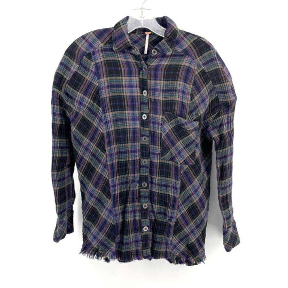 Free People Plaid Distressed Button Down Shirt Womens XS Purple Green Black Boho